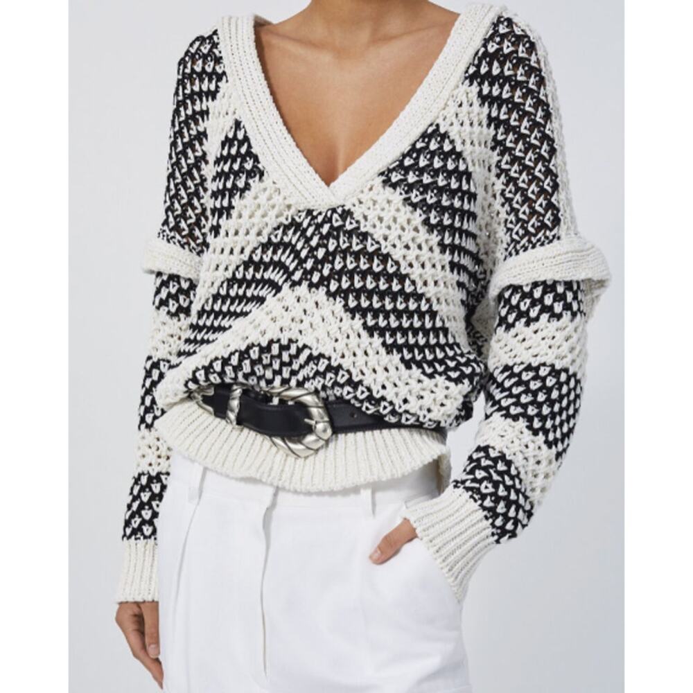 IRO Black & White Open Weave V-Neck Sweater - Picture 3 of 10